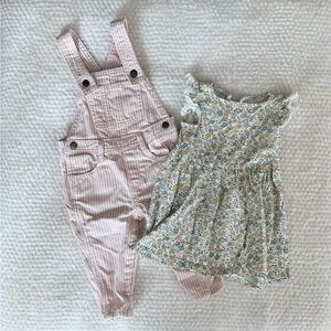Pink striped overalls & floral print dress - Set of 2